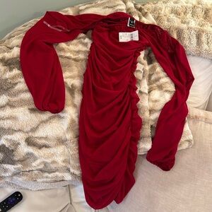 Windsor red mesh puff sleeve ruched dress